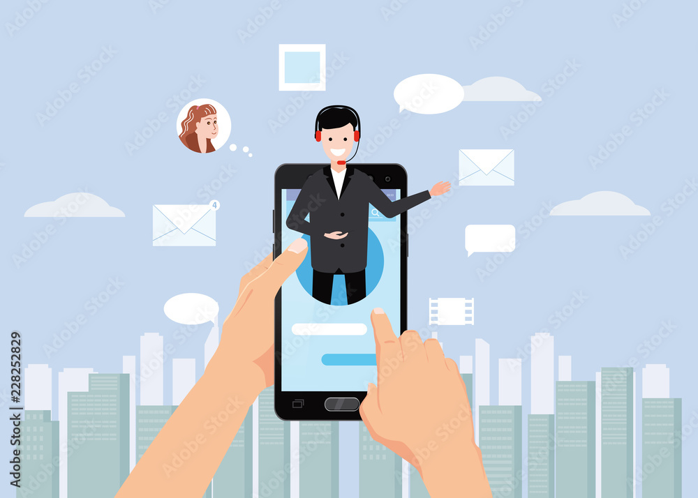 Concept online assistant, hands hold smartpnone, customer and operator, call centre, online global technical support 24-7. Vector illustration male hotline operator advises client, virtual help Concept online assistant, hands hold smartpnone, customer and operator, call centre, online global technical support 24-7. Vector illustration male hotline operator advises client, virtual help