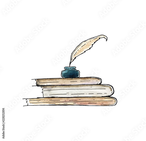 Watercolor hand drawn sketch of books and inkwell isolated on white