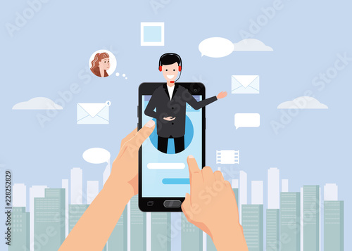 Concept online assistant, hands hold smartpnone, customer and operator, call centre, online global technical support 24-7. Vector illustration male hotline operator advises client, virtual help