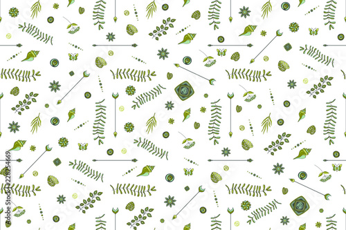 Seamless vector pattern with illustrations of plant leaves and arrows. The theme of the summer and ocean. 