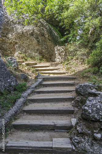 Wooden staircase in the mountain monastery