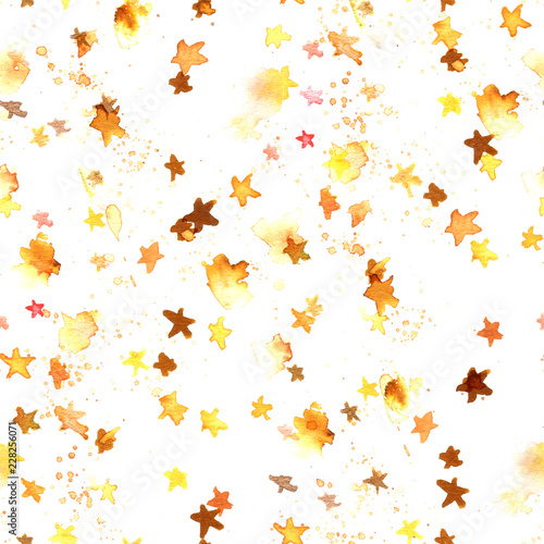 A seamless pattern with golden yellow abstract watercolour stars on a white background, a hand drawn starry repeat print