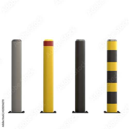 Urban street bollards isolated on white background. Stainless steel and painted in black and yellow. City construction architecture. Barrier for sidewalk and road 3D render Illustration