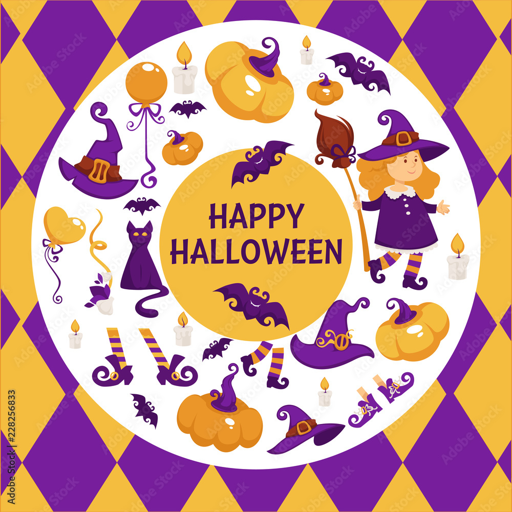 Halloween background poster. Vector circle shape frame with pumpkin