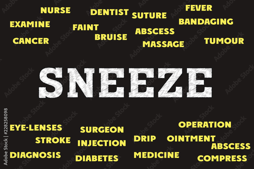 sneeze Words and tags cloud. Medical concept
