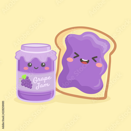 Cute Grape Jelly Jam Bottle Jar and Loaf Bread Sandwich Vector Illustration Cartoon Smile