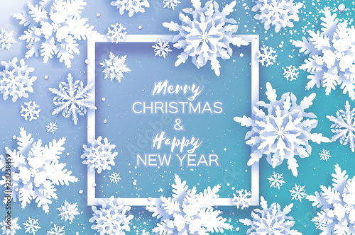 Merry Christmas and Happy New Year Greetings card. White Paper cut snowflakes. Origami Decoration background. Seasonal holidays. Snowfall. Square frame. Winter text. Blue.
