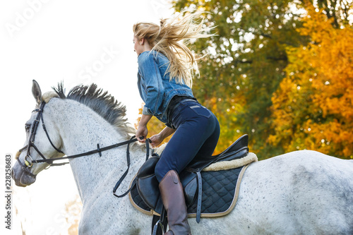 Woman horse riding in park