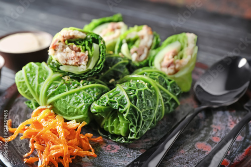 Stuffed cabbage leaves on plate, closeup