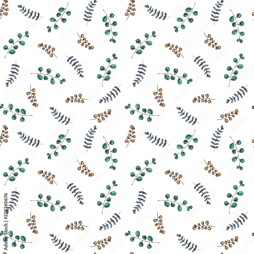 Naklejka premium Watercolor hand drawn sketch seamless pattern background with floral ornament isolated on white