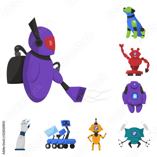 Vector illustration of robot and factory sign. Set of robot and space stock symbol for web.