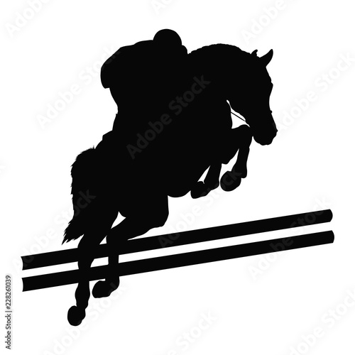 Equestrian sport, show jumping, eventing. A silhouette of a rider jumping on a horse.