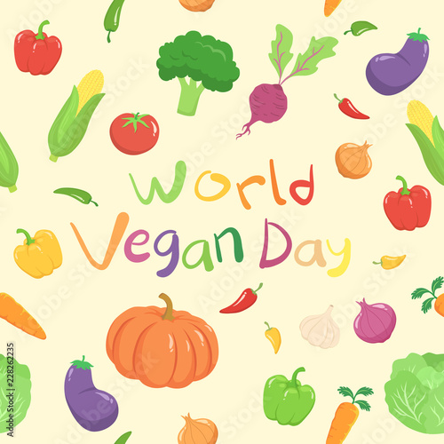 World Vegan Day Vegetables Vegetarian Set Greeting Card Vector Illustration Seamless Pattern. Garlic, Eggplant, Paprika, Carrot, Corn, Beetroot, Cabbage, Tomato, Pumpkin, Onion, Chili, Broccoli.