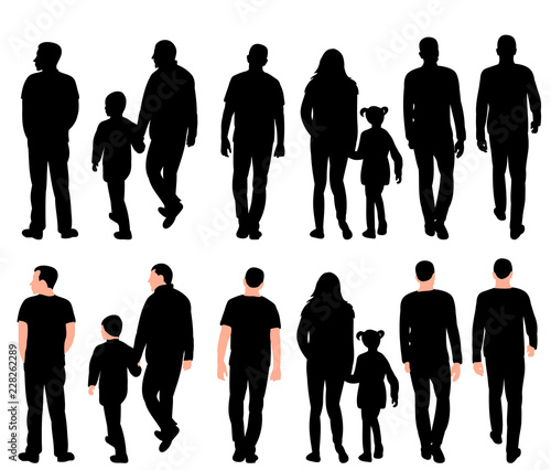 on white background, black silhouette set of walking people