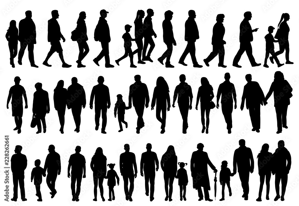 vector, on white background, black silhouette set of walking people vector, on white background, black silhouette set of walking people