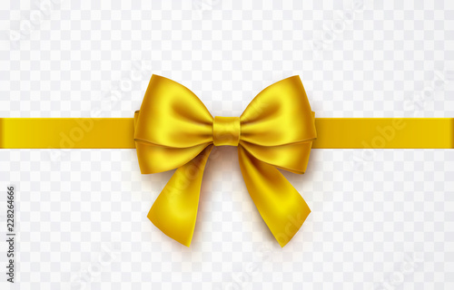 Bow isolated on transparent background. Vector Christmas gold satin ribbon, xmas golden wrap element template.