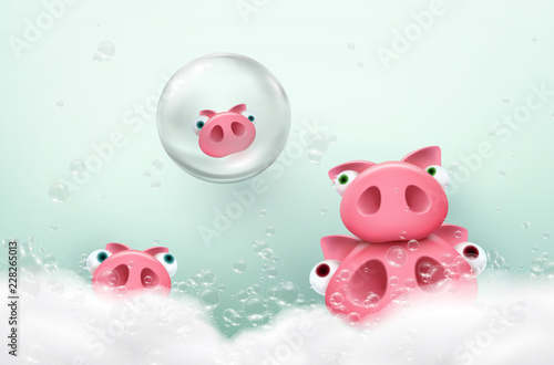 Pigs take bath with soap bubbles and white foam. Vector cute pigletes in soapy bathtub.