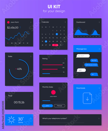 Flat user interface vector set for website development and mobile application design. Message box, dashboards, timer, calendar