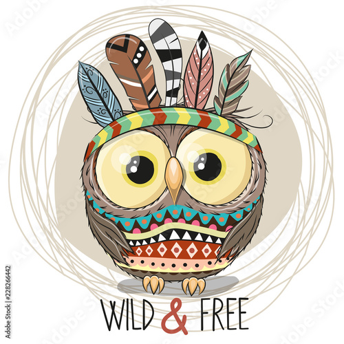 Cute Cartoon tribal Owl with feathers