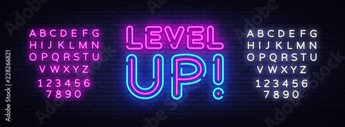 Level Up Neon Text Vector. Level Up neon sign, design template, modern trend ...