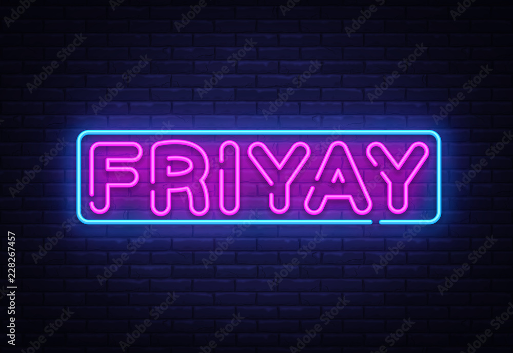 Friyay Neon Sign Vector. Friyay neon symbol, design template, modern trend design, night neon signboard, night bright advertising, light banner, light art. Vector illustration Friyay Neon Sign Vector. Friyay neon symbol, design template, modern trend design, night neon signboard, night bright advertising, light banner, light art. Vector illustration