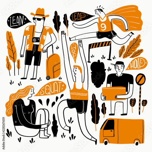 The drawing hand that conveys. The appearance and lifestyle. Collection of hand drawn. Vector illustration in sketch doodle style, Painting strokes, semi-abstract, using lines and intense color.