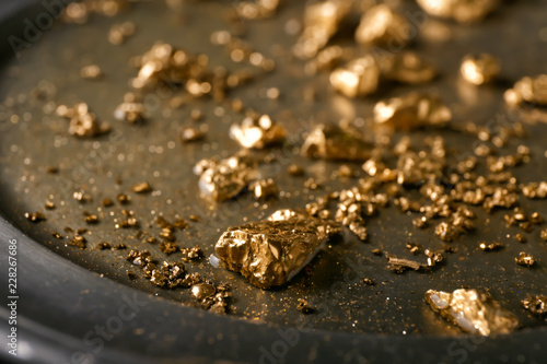 Valokuva Gold nuggets on metal plate, closeup