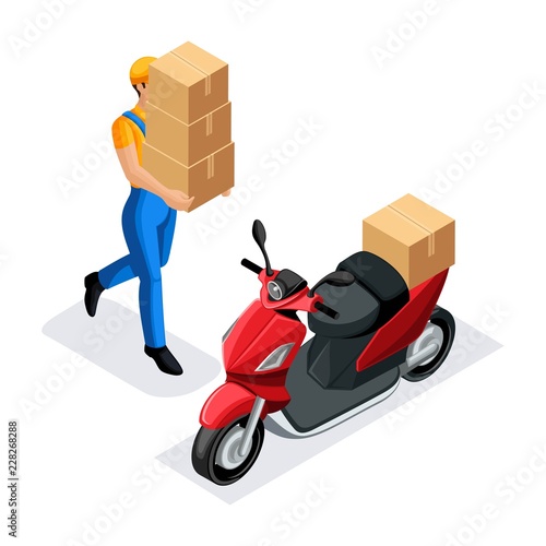 Isometric delivery service courier carries boxes to the scooter, fast delivery of orders, round the clock work, the courier bears the parcel