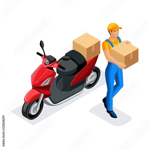 Isometric delivery service courier on the scooter fast delivery, urgent delivery of orders round the clock work, the courier bears the parcel