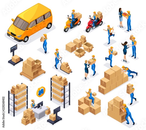 Isometric delivery service, couriers, warehouse workers, round-the-clock work, a large set of symbols for creating vector illustrations