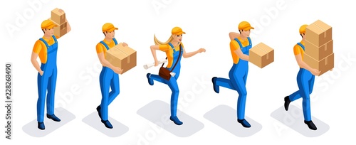 Isometric set of couriers delivery service in the process of work, men and women rush delivering parcels to owners