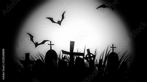 animation of a spooky cemetery with flying bats halloween