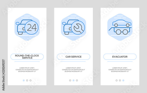 Car Service Banners. Round-the-clock Service, Tow Truck Services, Evacuator Vector Vertical Cards. Concept For Web Graphics.