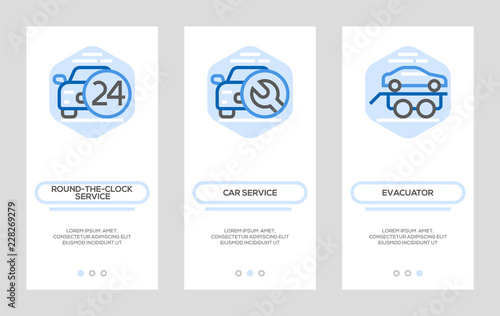 Car Service Banners. Round-the-clock Service, Tow Truck Services, Evacuator Vector Vertical Cards. Concept For Web Graphics.