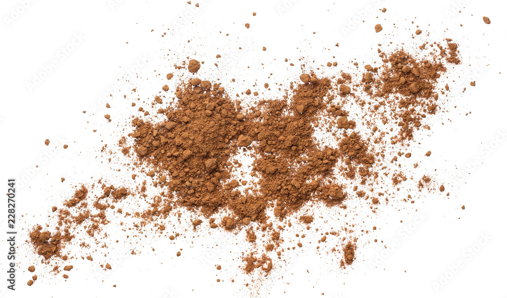 Pile cocoa powder isolated on white background. Top view Pile cocoa powder isolated on white background. Top view