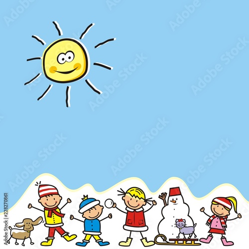 happy kids and snowman, winter postcard, eps