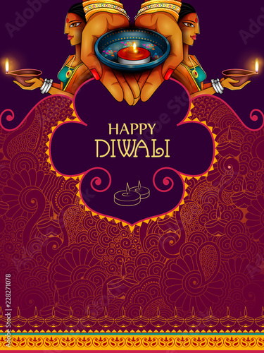 Illustration of lady holding decorated diya for Happy Diwali holiday background