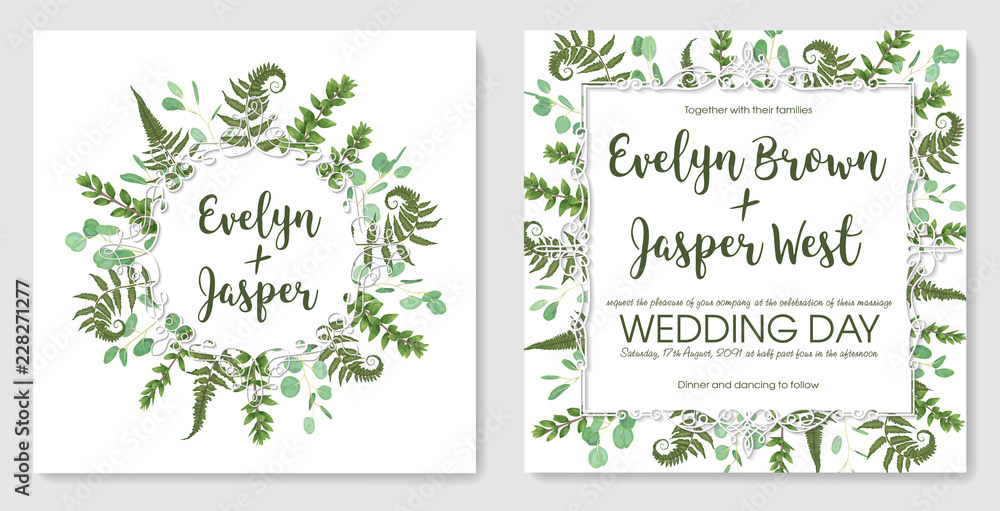 vector wedding invitation set, greeting card, save date. Frame of green leaves of fern, boxwood and eucalyptus sprigs isolated on white background. Watercolor