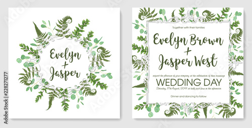 vector wedding invitation set, greeting card, save date. Frame of green leaves of fern, boxwood and eucalyptus sprigs isolated on white background. Watercolor