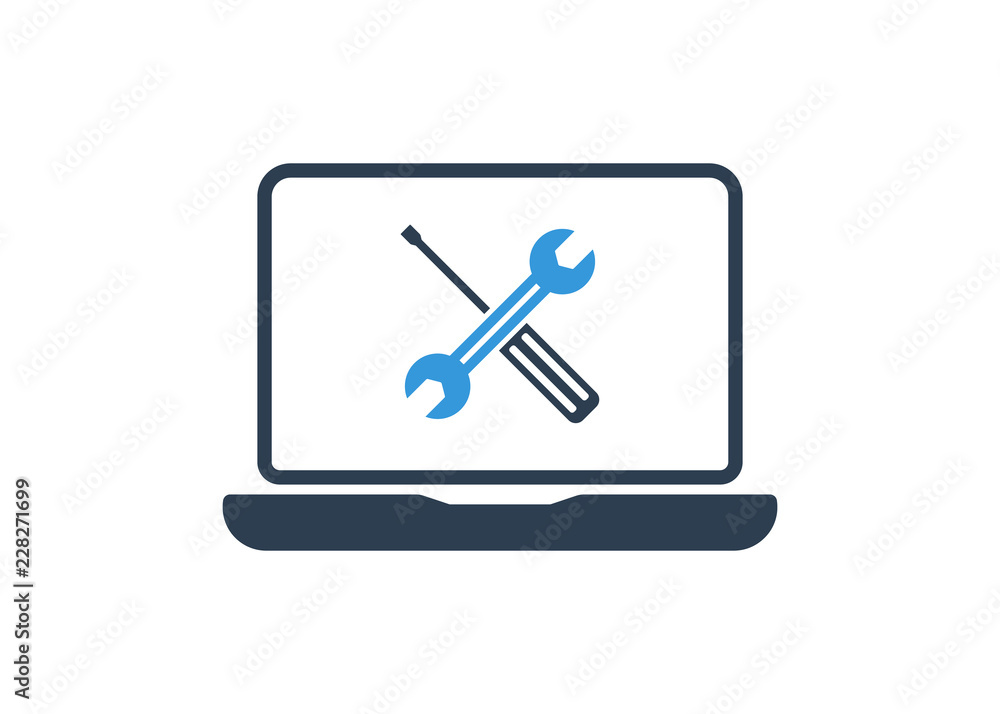 Laptop with wrench and screwdriver on screen. Computer repair service, technical support. Flat design. Vector illustration Laptop with wrench and screwdriver on screen. Computer repair service, technical support. Flat design. Vector illustration