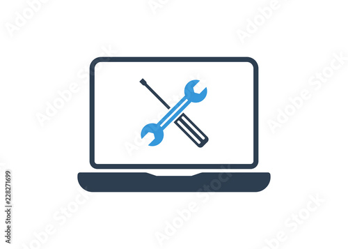 Laptop with wrench and screwdriver on screen. Computer repair service, technical support. Flat design. Vector illustration