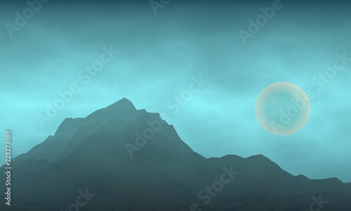 Mountain landscape with fog. Mountain tops and unknown star. Travel climbing or hiking concept. 3D rendering