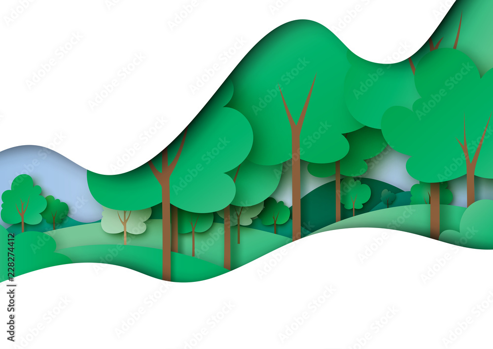 Obraz premium Zielona ekologia i koncepcja środowiska z natura las krajobraz papier sztuka abstrakcyjne tło. Ilustracja wektorowa.