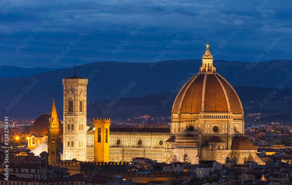 Florence Duomo. Basilica di Santa Maria del Fiore (Basilica of Saint Mary of the Flower) in sunset,  Florence, Italy