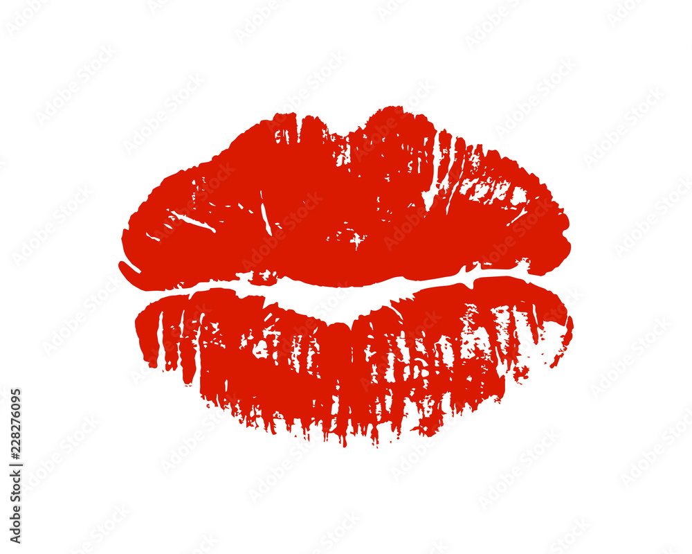 Fototapeta premium Glamour red lips imprint isolated on white background. Charming lipstick kiss vector illustration. Valentines day romantic symbol. Sexy and passionate kiss silhouette. Sweet sensual love element