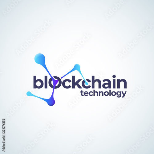 Blockchain Technology Absrtract Vector Sign, Symbol or Logo Template. Conected Spheres Chain Gradient Icon with Modern Typography.