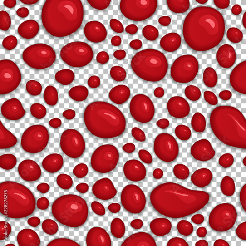 Red drops of toy slime isolated on transparent background. Seamless pattern of dark-red dribble slime. Kid sensory toy vector illustration. Realistic crimson slime bubbles of different shapes