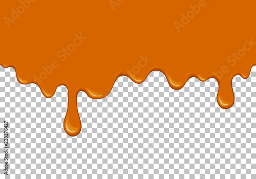 Orange dripping slime seamless pattern. Honey background with copy space. Kids sensory toy vector illustration. Realistic sweet cream isolated element. Flowing caramel sauce. Paint drops and blots.