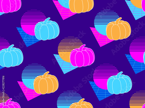 Seamless pattern with pumpkins. Retro background 1980s style. Retrowave. Vector illustration