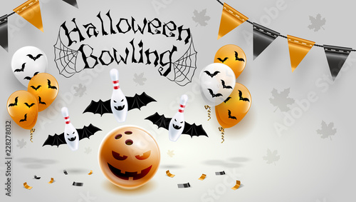 Happy Halloween Bowling Poster Design Vector Illustration Grey background.